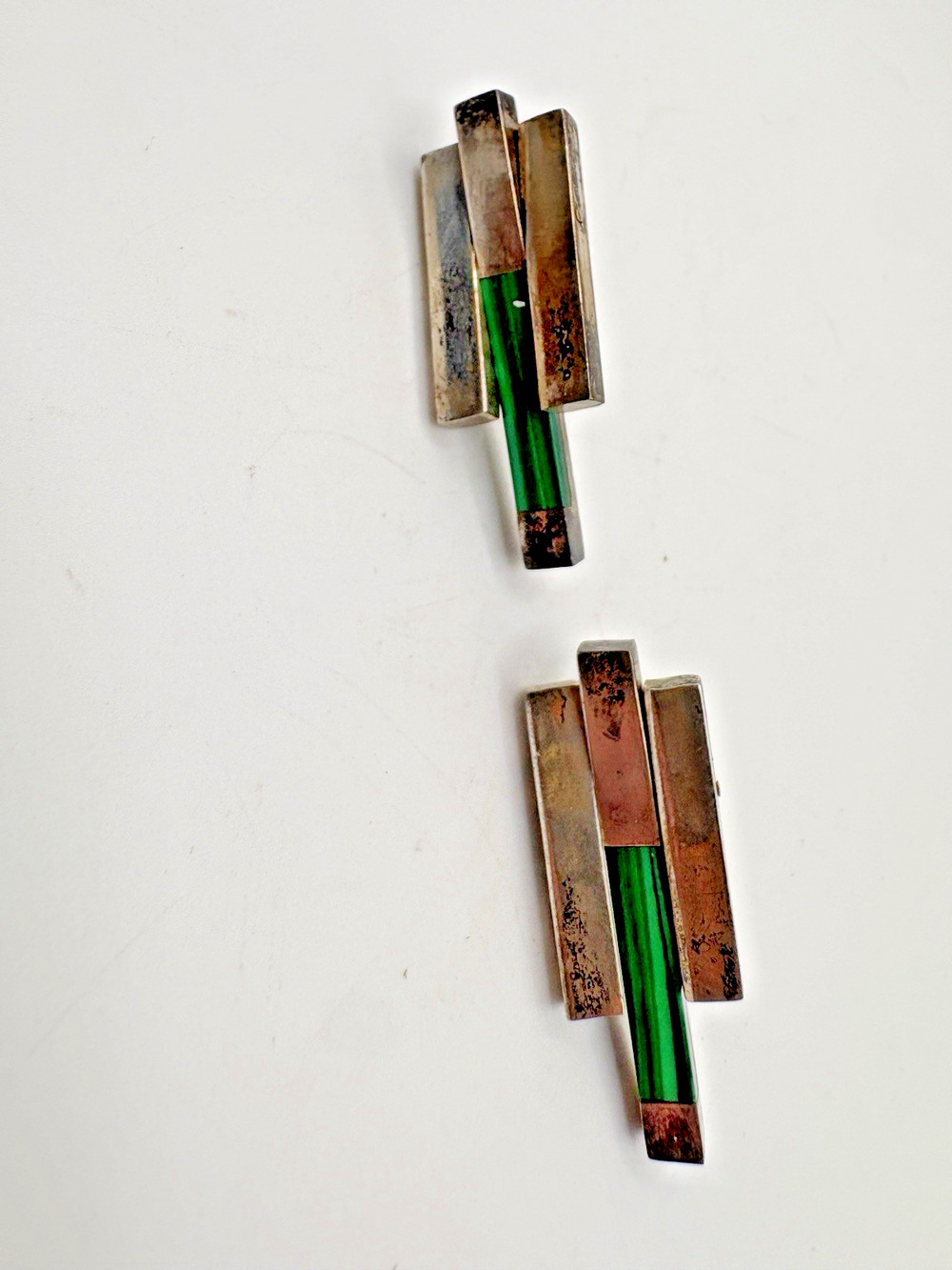 Mexico Malachite 925 Sterling Silver Stud Hinged Three Section Earrings Vtg 23g